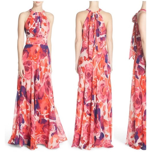 Eliza J Floral Print Halter Maxi Dress Chiffon Sleeveless Long Formal Gown Pink - Picture 13 of 13